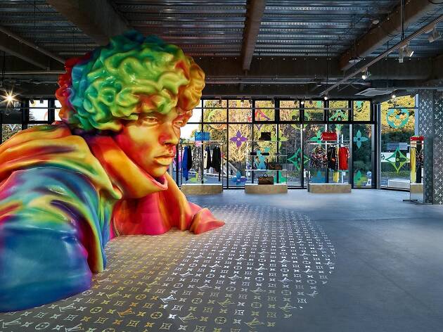 virgil abloh unveils 12-story technicolor sculpture in NYC for louis vuitton